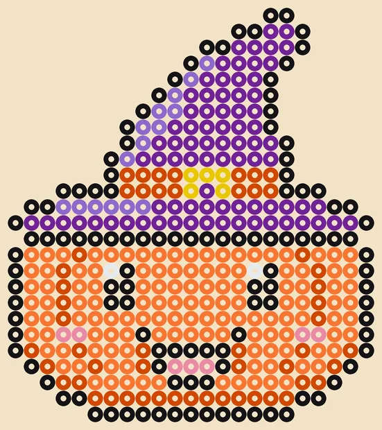 Halloween strijkkralen patroon: pompoen met heksenhoed, 23 × 26 kralen