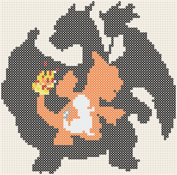 Charizard strijkkralen familie: Charmander, Charmeleon en Charizard, 73 × 72 kralen