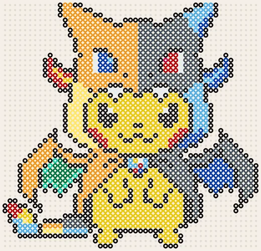 Charizard strijkkralen familie: Pikachu in Mega Charizard-pak, 51 × 49 kralen