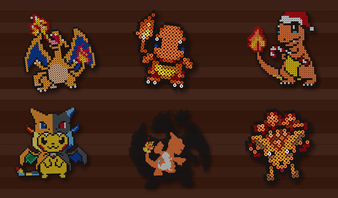 Charizard strijkkralen patronen met Charmander, Kerst-Charmander, het hele drietal en een kawaii-Vulpix op een donkere houten tafel