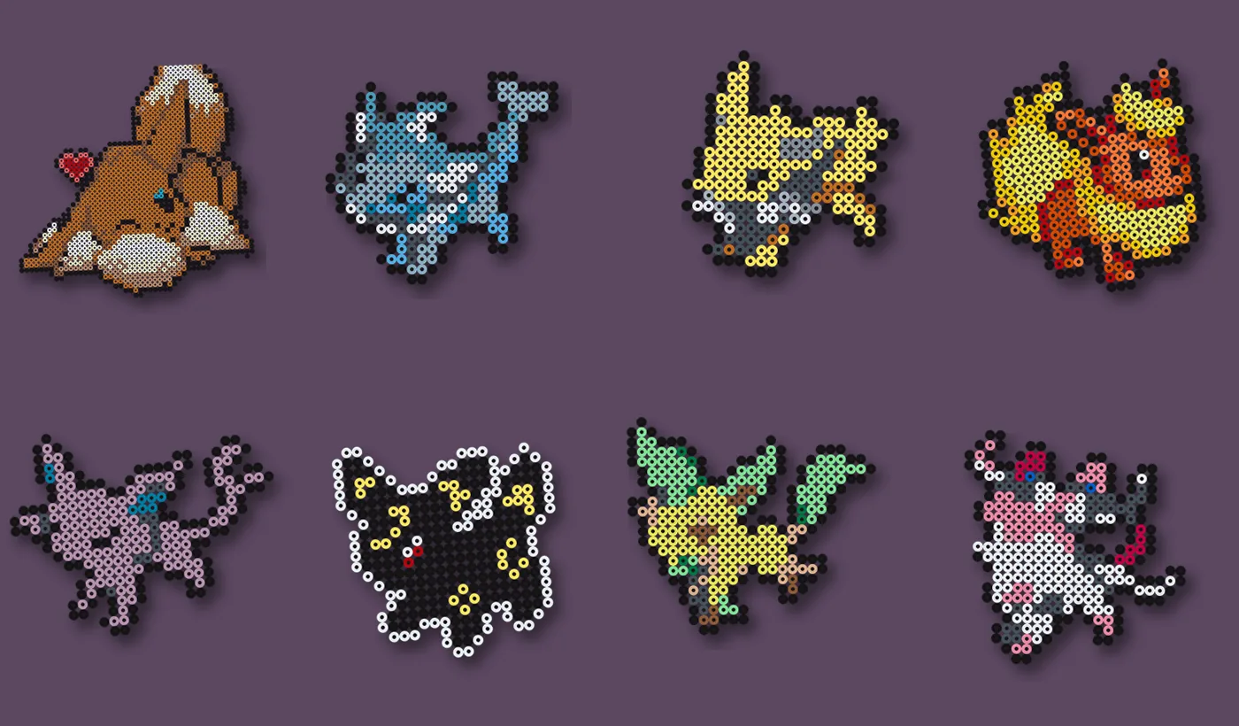 Eevee strijkkralen met alle evoluties: Eevee, Vaporeon, Jolteon, Flareon, Espeon, Umbreon, Leafeon en Sylveon