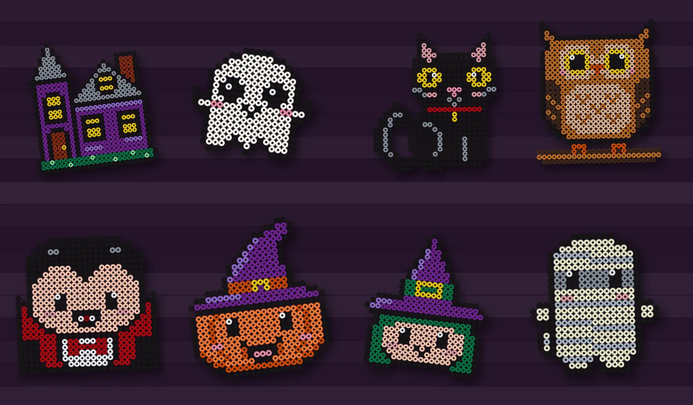 Halloween strijkkralen patronen: spookhuis, spookje, zwarte kat, uil, vampier, pompoen met heksenhoed, heksje en mummie