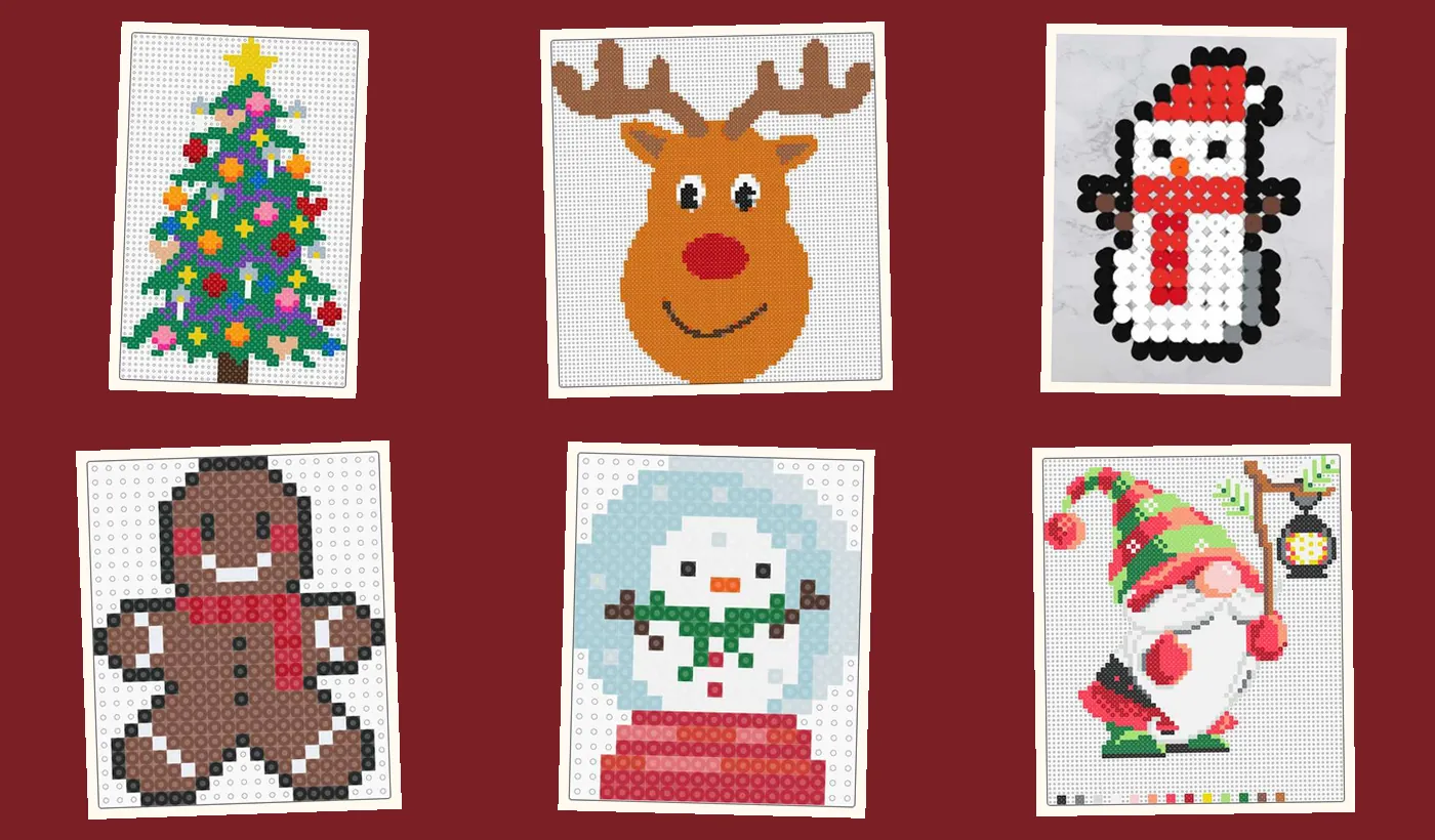 Perles à repasser Noël : sapin, renne, bonhomme de neige, bonhomme en pain d’épice, boule à neige et lutin sur fond rouge foncé