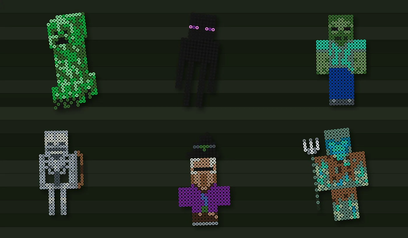 Minecraft mobs van strijkkralen: Creeper, Enderman, Zombie, Skelet, Heks en Drenkeling naast elkaar