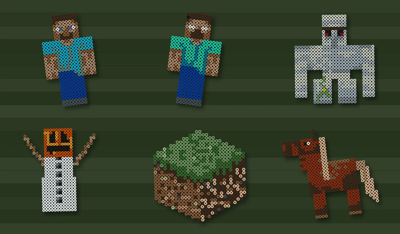 Minecraft strijkkralen voorbeelden: Steve, Herobrine, ijzergolem, sneeuwgolem, grasblok en paard