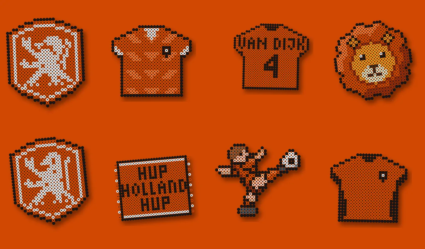 Oranje strijkkralen: KNVB-logo, retroshirt 1988, rugshirt Van Dijk, oranje leeuw, Leeuwinnen-logo, sjaal, volley van Van Basten en thuisshirt 2026