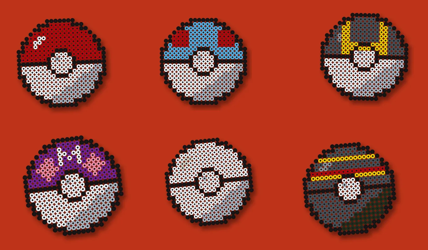 Zes pokeball strijkkralen patronen op een rode achtergrond: Poké, Great, Ultra, Master, Premier en Luxury Ball