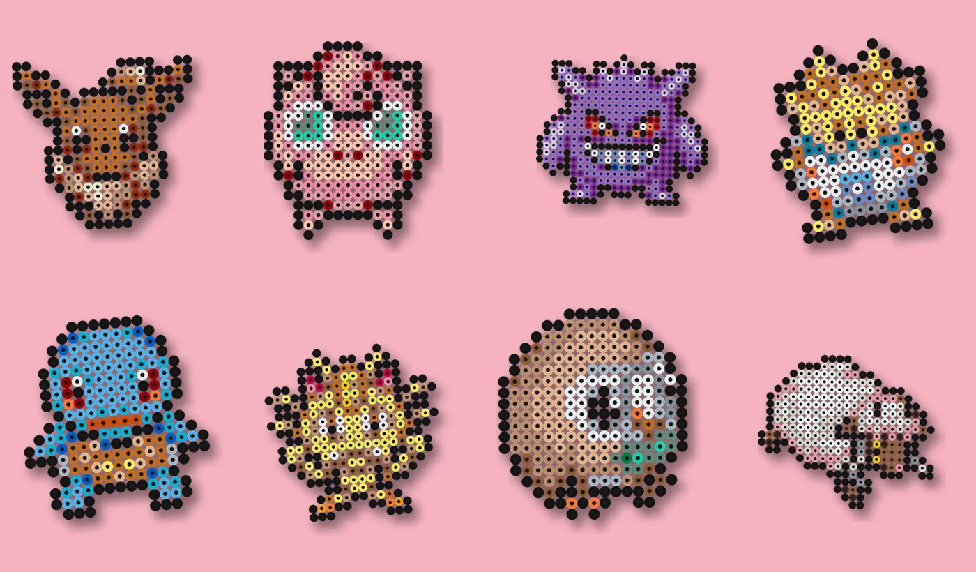 Schattige strijkkralen: acht kawaii-Pokémon met grote ogen op een roze achtergrond
