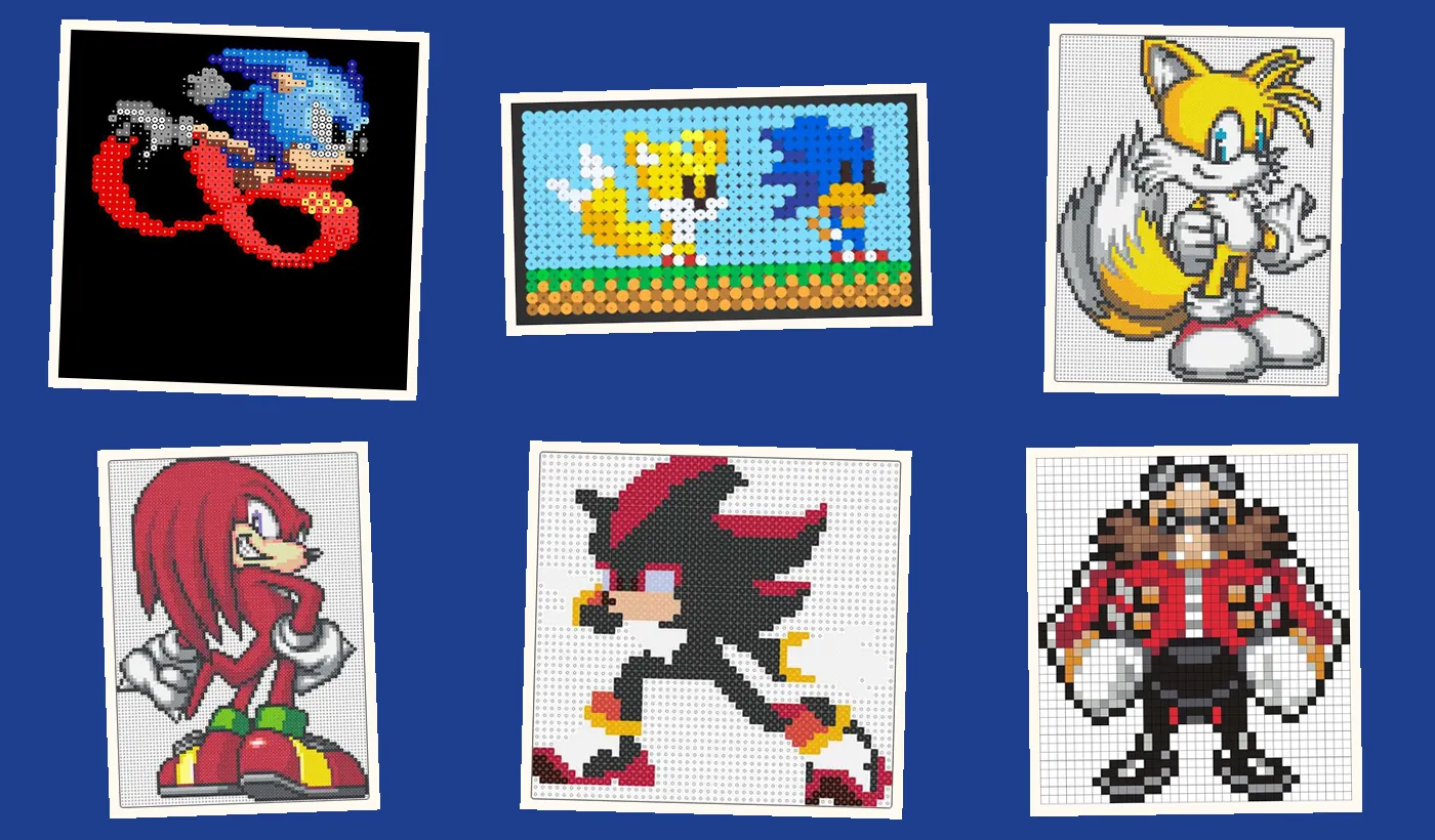 Sonic Bügelperlen: rennender Sonic, Sonic und Tails, Tails, Knuckles, Shadow und Doktor Eggman auf blauem Hintergrund