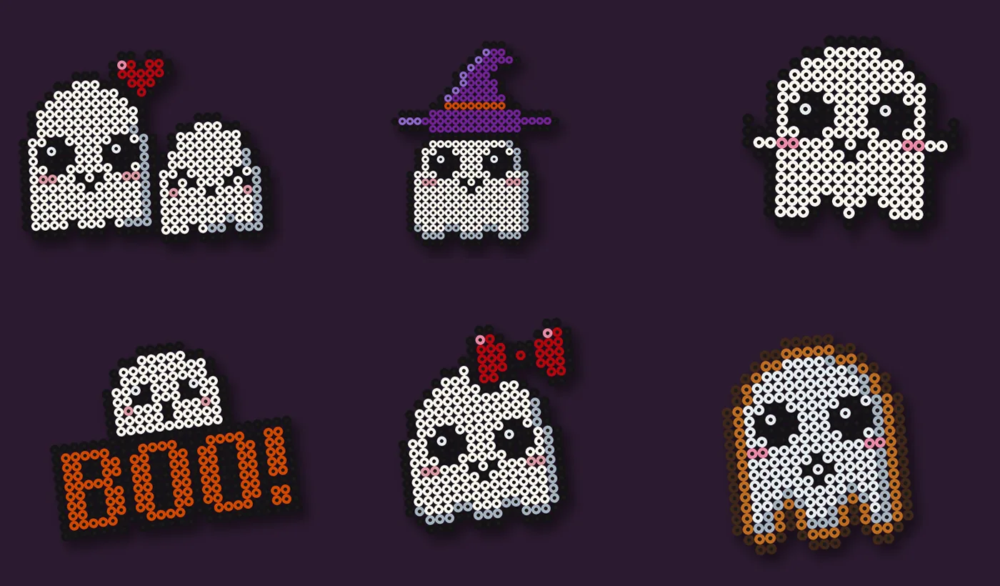 Strijkkralen Halloween spook: spookvriendjes, spookje met heksenhoed, glow-spookje, BOO!, spookje met strik en spookkoekje op een donkere achtergrond