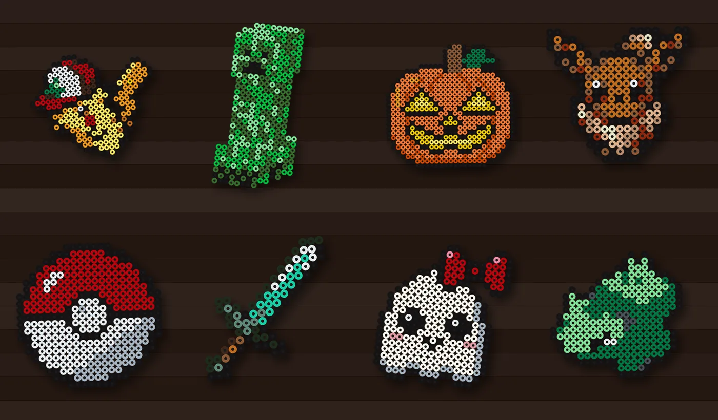 Collage aus Bügelperlen Vorlagen: Pikachu, Creeper, Kürbis, Evoli, Pokéball, Diamantschwert, Gespenst und Bisasam