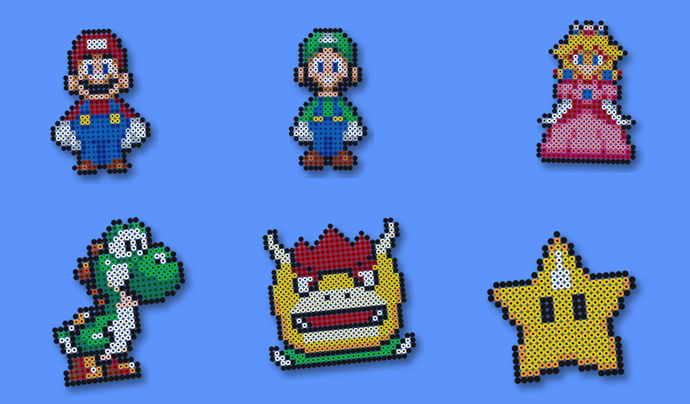 Perles à repasser Super Mario : Mario, Luigi, Peach, Yoshi, Bowser et une super étoile sur fond bleu